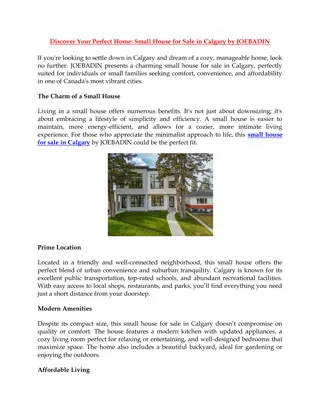 Discover Your Perfect Home Small House for Sale in Calgary by JOEBADIN
