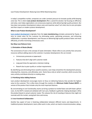 Lean Product Development Reducing Costs While Maximizing Value