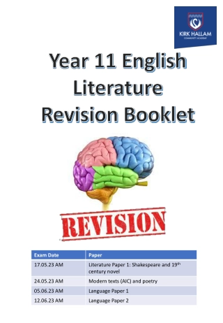 Year 11 English Literature Revision Schedule and Exam Dates