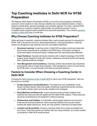 Top Coaching Institutes in Delhi NCR for NTSE Preparation