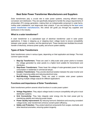 Best Solar Power Transformer Manufacturers and Suppliers