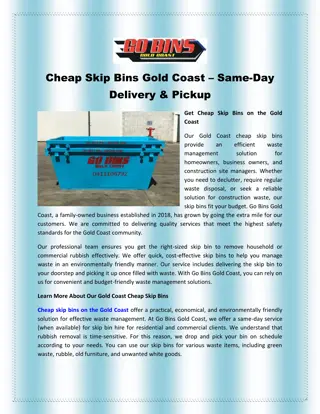 Cheap Skip Bins Gold Coast – Same-Day Delivery & Pickup
