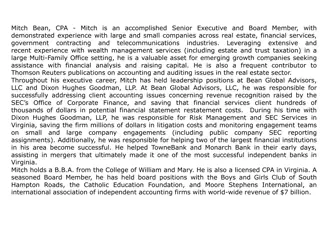 Mitch Bean, CPA: Experienced Senior Executive & Board Member
