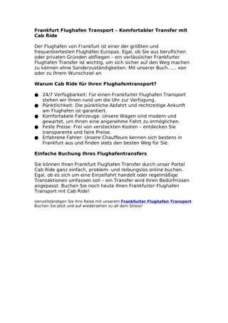 Frankfurt Flughafen Transport , Komfortabler Transfer mit Cab Ride