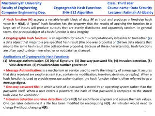 Data Security and Cryptographic Hash Functions at Mustansiriyah University