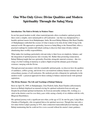 One Who Only Gives: Divine Qualities and Modern Spirituality Through the Sahaj M