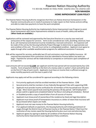 Pawnee Nation Housing Authority Home Improvement Loan Program