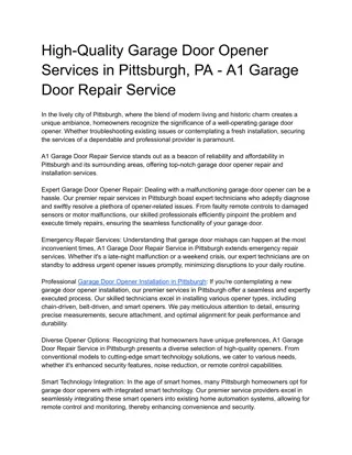 High-Quality Garage Door Opener Services in Pittsburgh