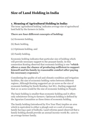 Size of Agricultural Holding in India