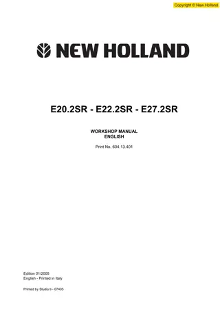 New Holland E22.2SR Hydraulic Excavator Service Repair Manual Instant Download