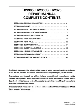 New Holland HW325 Self-Propelled Windrower and Swather Service Repair Manual Instant Download