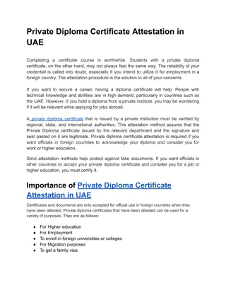 Private Diploma Certificate Attestation in UAE