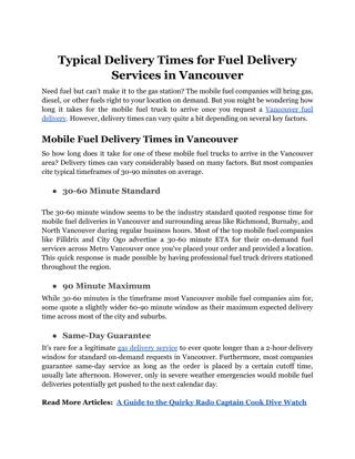 Typical Delivery Times for Fuel Delivery Services in Vancouver