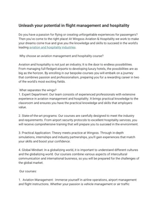 Unleash your potential in flight management and hospitality