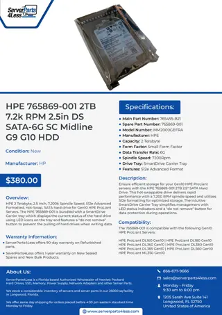 HPE 765869-001 2TB 7.2k RPM 2.5in DS SATA-6G SC Midline G9 G10 HDD